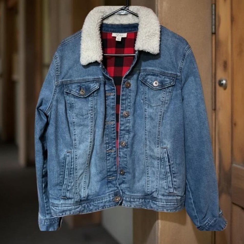 Style & Co denim jacket SZ XL loose boxy faux lamb fluffy collar grunge 90’s EUC